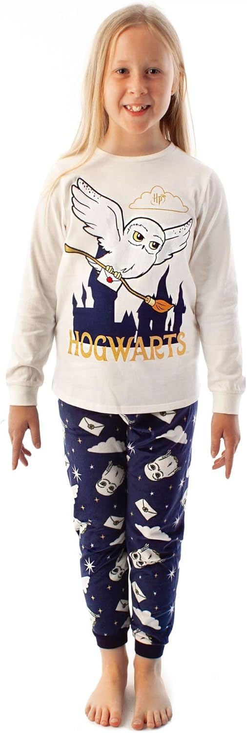 Harry Potter Pyjamas For Girls | Kids Hedwig Long Sleeve Cream T-Shirt & Navy Fleece Trousers PJ Set | Wizard Merchandise