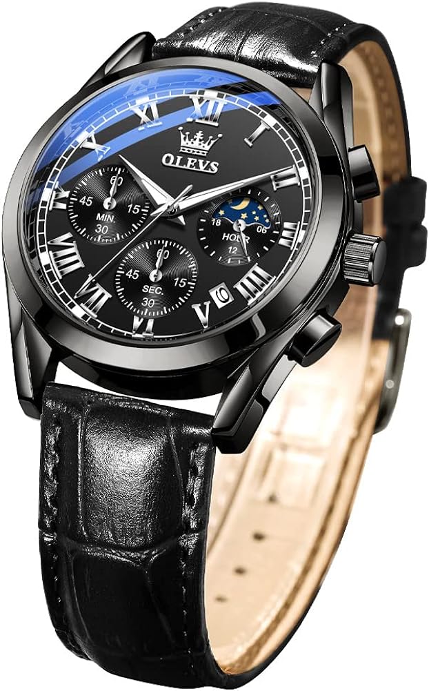 OLEVS Men Watch Leather Strap Moon Phase Casual Classic Analog Quartz Calendar 3ATM Waterproof Luminous Men Wrist Watches