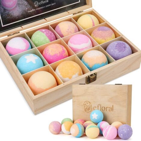 efloral Bath Bombs Gift Set in Retro Wooden Box | Natural Fizzy Spa Moisturizer | Mixed Color Organic Bubble Bath