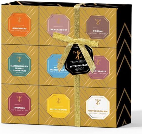 Hot Chocolate Gift Set – Assorted Flavors Toasted Marshmallow Hazelnuts Gingerbread Salted Vanilla Cinnamon White Chocolate.