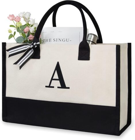 Customized canvas beach bag with initials, monogrammed tote for women, personalized gift.