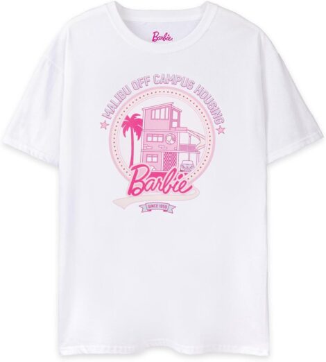 Barbie Women’s Logo T-Shirt | Doll Logo White Pink | Black Longline Top