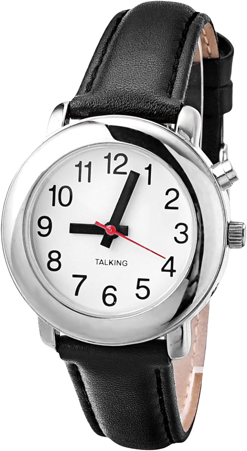 English Talking Watch,Quality Clear and Loud Voice Ultra Thin Ladies Talking Watch Speaks The Time, Date or Alarm time for Elderly, Impaired Sight or Blind.-with Black geniue Leather Expansion Band