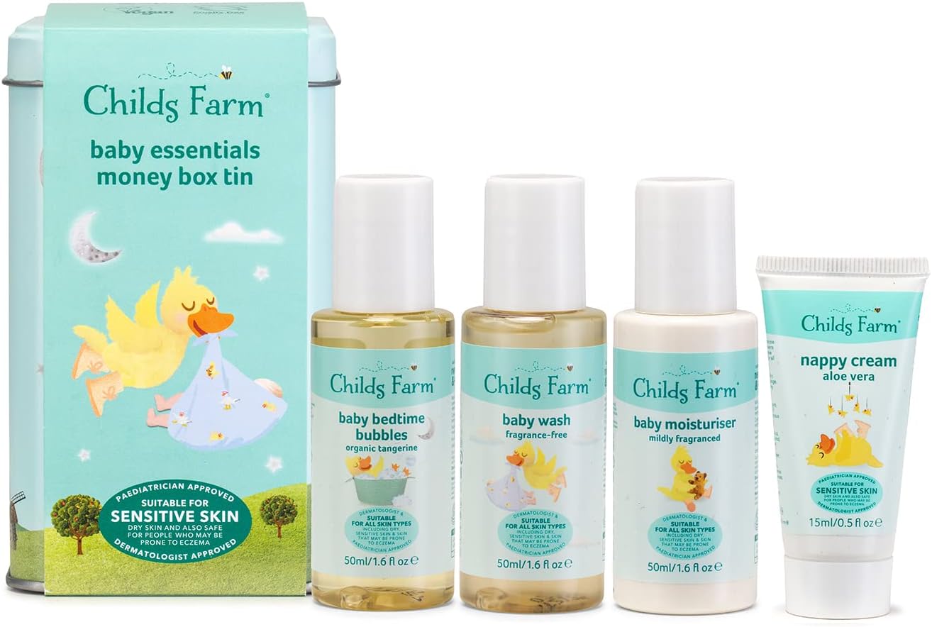 Childs Farm | Baby Little Essentials Money Box Tin | Baby Bedtime Bubbles, Baby Moisturiser, Baby Wash 50 ml and Nappy Cream 15 ml |Baby Shower Gifts|Suitable for Dry, Sensitive and Eczema-Prone Skin