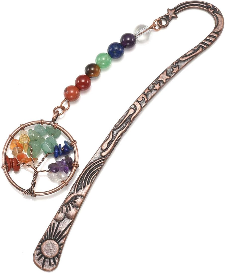 JOVIVI Bronze Bookmark Women Stars Moon Sun 7 Chakra Tree of Life Crystal Charm Book Markers Spiritual Gifts for Women Birthday