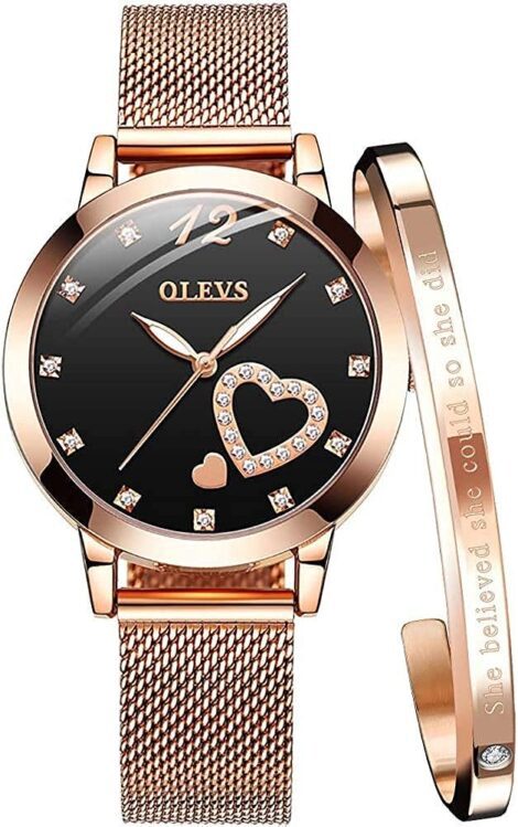 OLEVS Women’s Rose Gold Stainless Steel Mesh Strap Heart Diamond Watches – Waterproof Bracelet Set