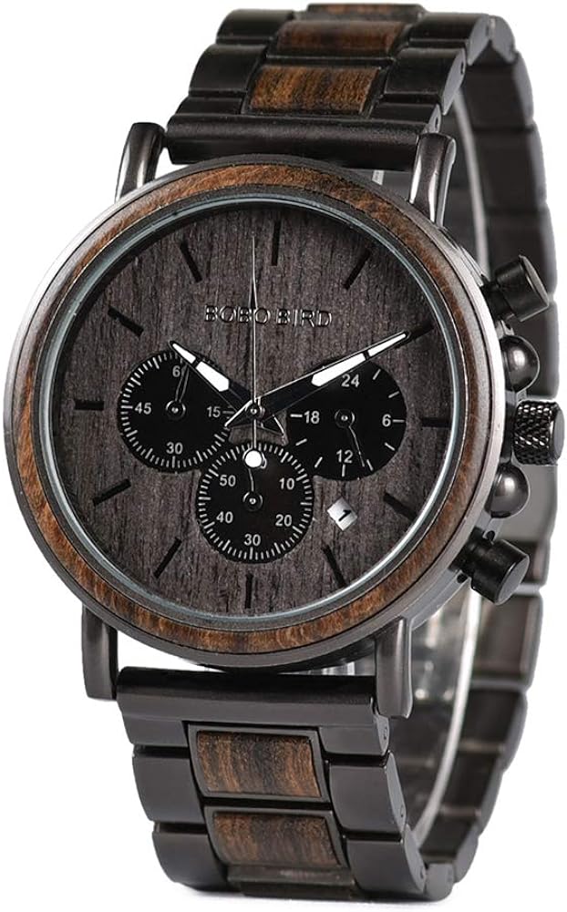 GUANKE Mens Watches Wooden Quartz Movement Stainless Steel Chronograph Date Business Casual Wristwatch for Man