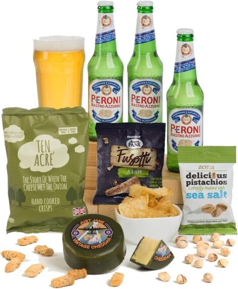 Italian Lager & Cheese Snacks Gift Set – Peroni Beer, Artisan Cheese, Savory Snacks – Gourmet Hampers for Him & Her