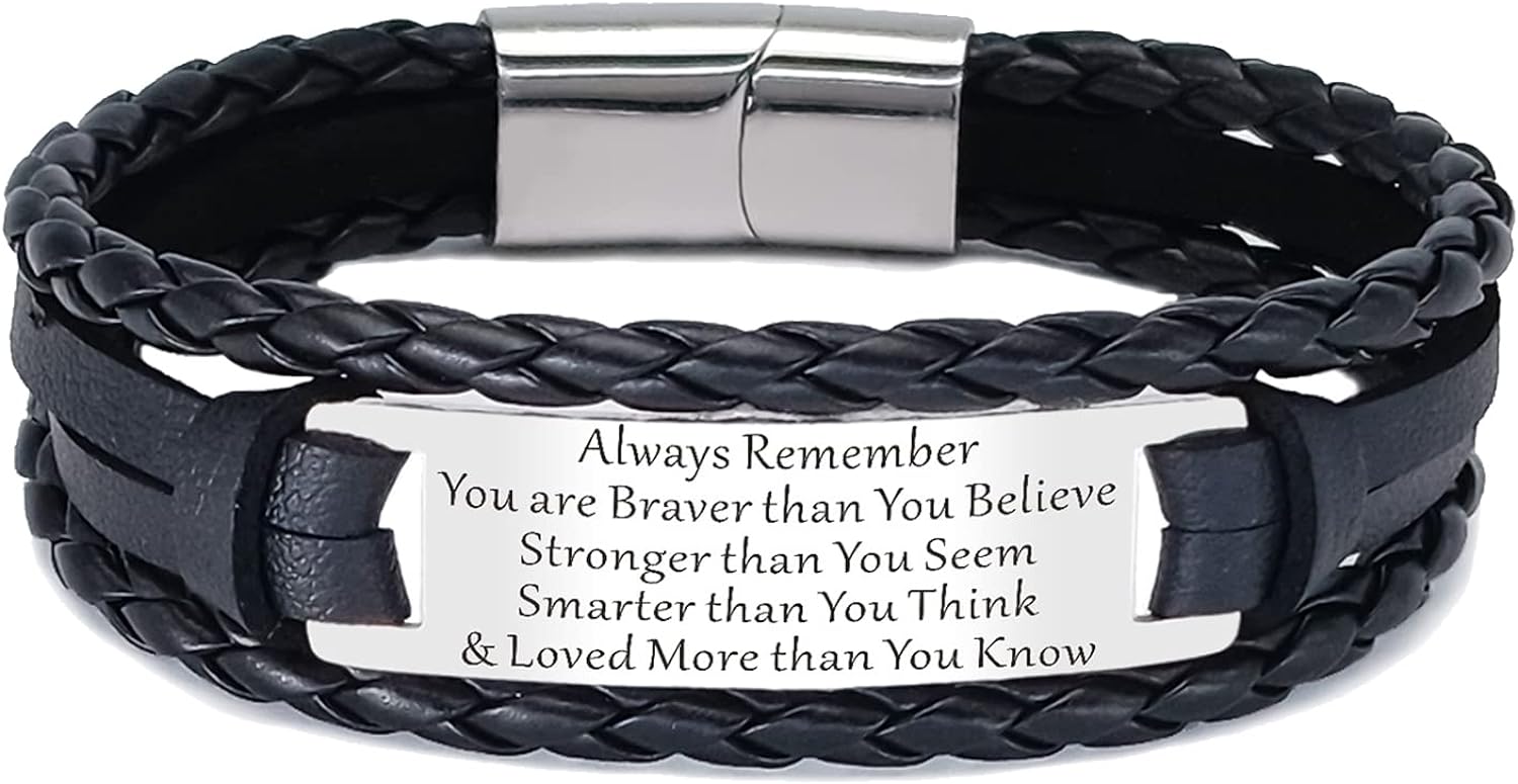 HAYOUWAY Mens Leather Bracelet Gifts, Personalised Handmade Braided Leather Bracelets Gifts for Men Women Boys Son Cuff Wrap Bracelet with Stainless Steel Magnetic Clasp Engraved Inspirational Quote