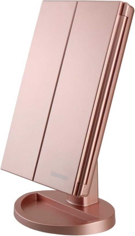 deweisn Rose Gold Makeup Mirror with LED Lights, 3X/2X/1X Magnification, Touch Screen Dimmable, Tabletop/Travel