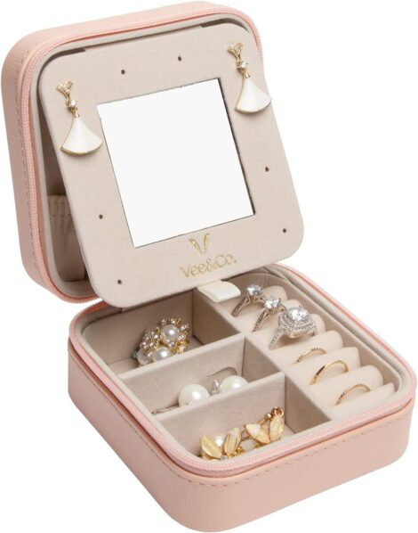 Vee Travel Jewellery Box: Compact Organizer with Mirror for Rings, Earrings, Necklaces, and Bracelets. Ideal Gift for Girls, Women, Mothers, and Daughters.