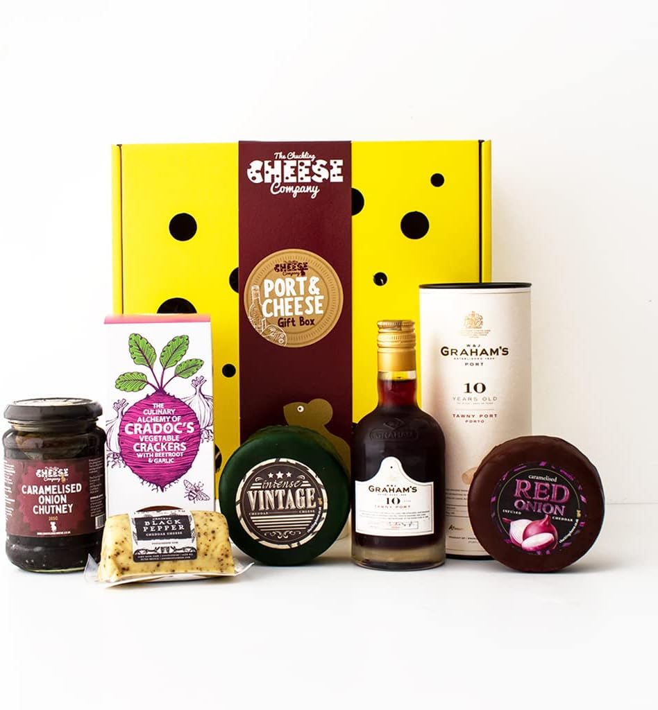 Cheese and Port Gift Box. The Ultimate Port Gift Set for Food Gifts for Men and Women to Enjoy. Perfect for Birthday Hampers for Women and Men. Delicious Unusual Gifts. The Chuckling Cheese Company.