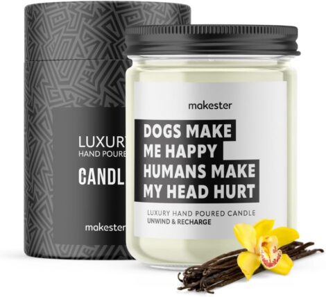 Makester’s Funny Dog Candle with Madagascan Vanilla, Jasmine & Sugared Almond – Unique Gifts for Dog Lovers.