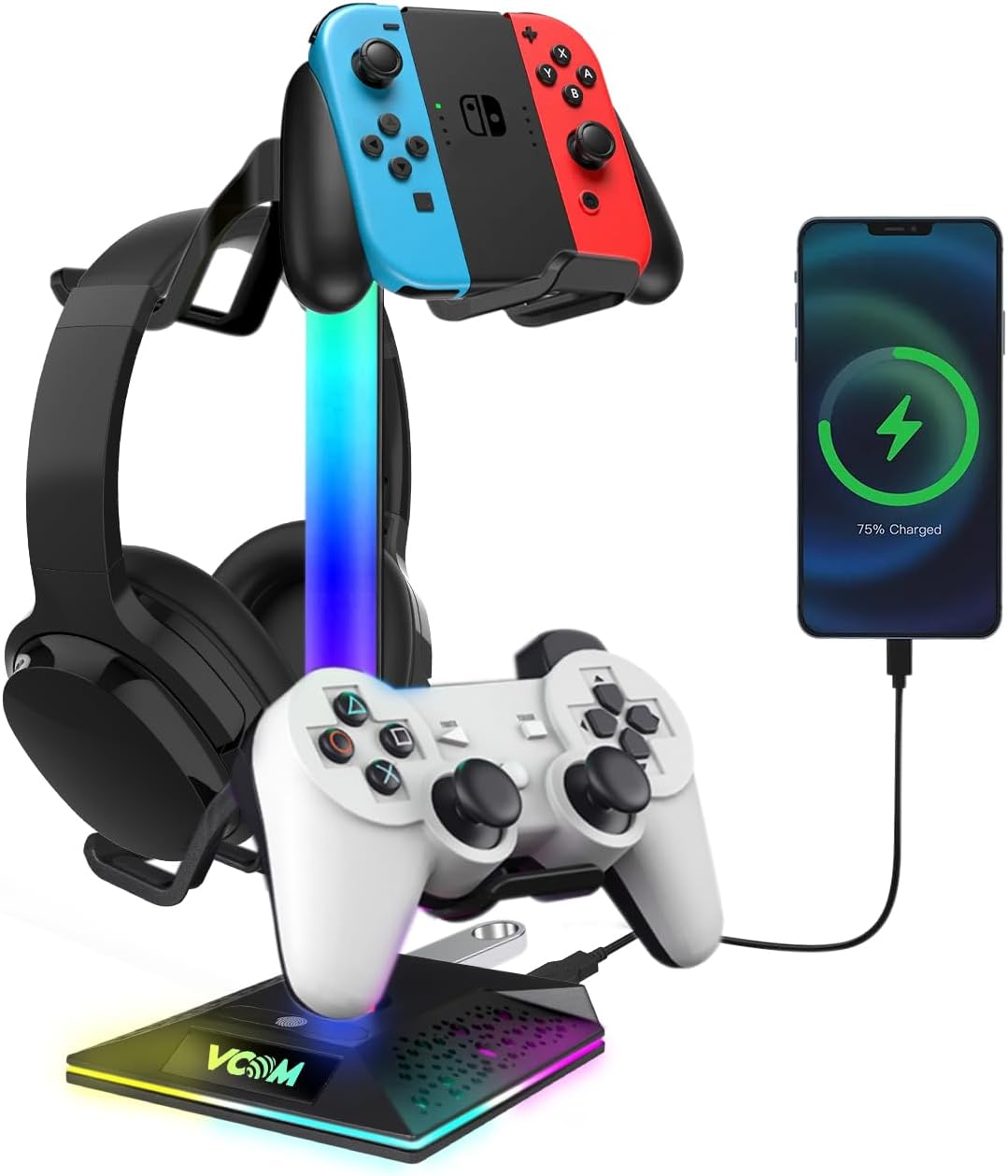 VCOM RGB Gaming Headphones Stand with 10 Light Modes, Controller Holder with 2 USB Ports, PC Gaming Accessories for Desk, Universal Storage Organizer Headpsets/Xbox PS5 Controller/Switch/Mobile Phone