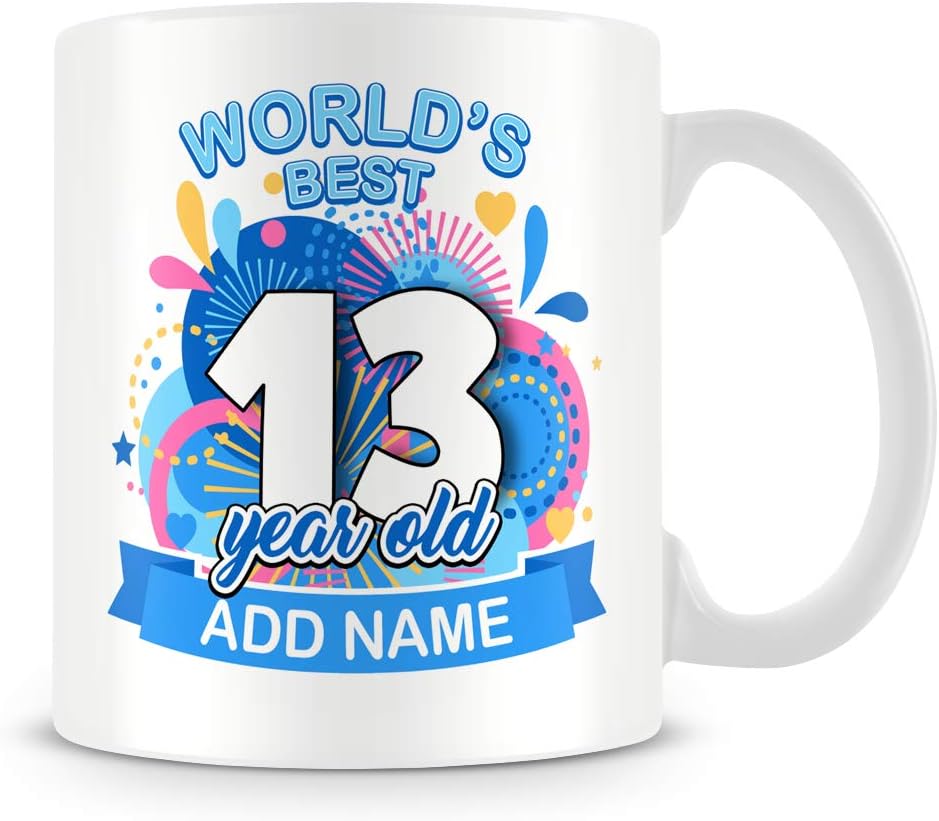 13th Birthday Gift for Boys - Personalised Mug/Cup - Add Name - Worlds Best Design - Blue