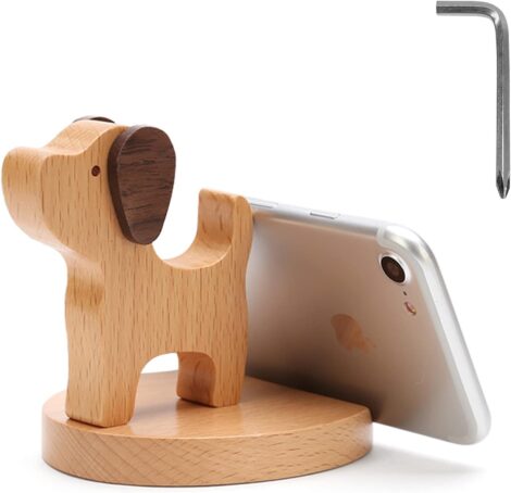 Bounabay Wooden Dog Phone Stand – Portable Desktop Holder for Phones and Tablets, Novelty Gift.