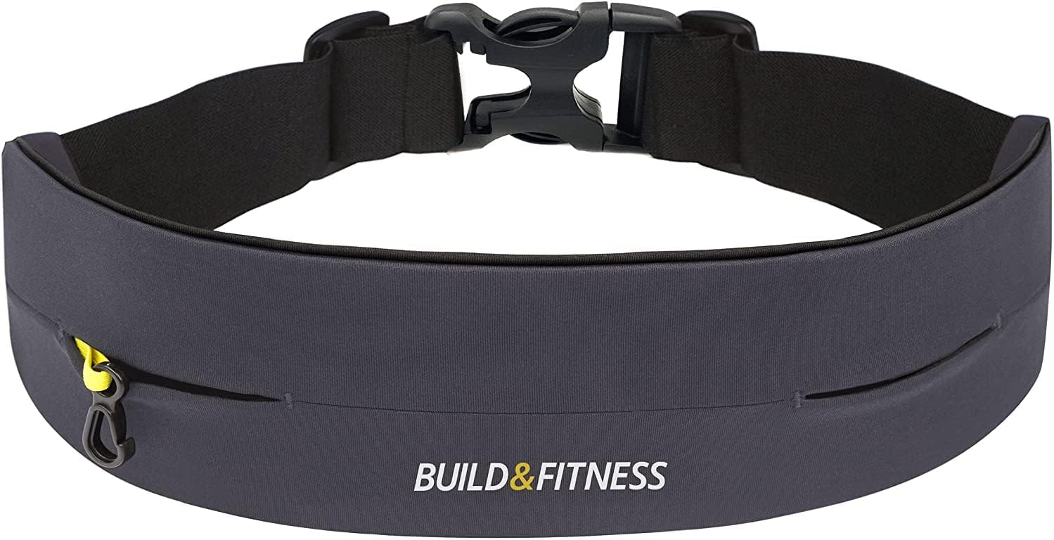 Build & Fitness Running Belt – Adjustable Waist Pack, Secure Key Clip – Light, Slim, Comfortable – Fits All Phones, Keys, Cards, Airpods, GUs – for Men & Women – Run, Jog, Gym Workout, Cycle, Hiking