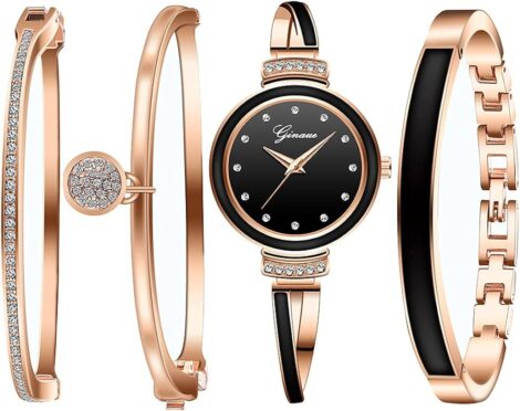 Rose Gold Ladies Watch and Bracelet Set – Perfect Jewelry and Watch Gift for Women.