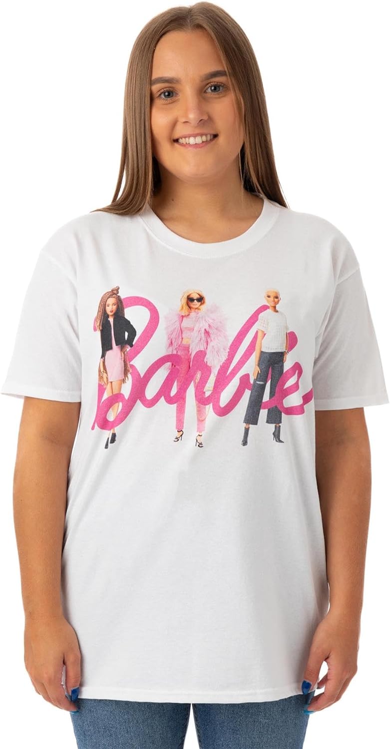 Barbie Womens Character with Pink Logo Short Sleeved White T-Shirt | Iconic Brand | Fashionable Design for Ladies | Comfortable Fit Retro Tee Movie Merchandise Gift