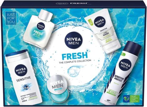 NIVEA MEN Fresh Collection Gift Set: 5-piece Men’s Toiletry Gift with Face Wash, Shower Gel, Moisturizer, Anti-Perspirant, and After Shave Balm.