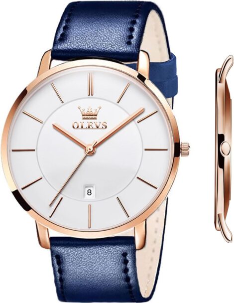 OLEVS Men’s Fashion Casual Analog Quartz Date Watch: Waterproof Slim Big Face Dress with Retro Leather Band