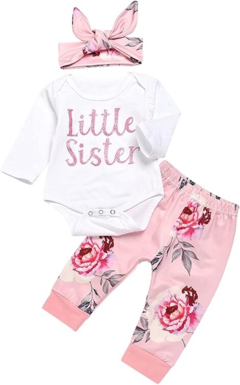 ChYoung Baby Girl 3-Piece Set: Newborn Romper, Rose Printed Pants, and Headband.