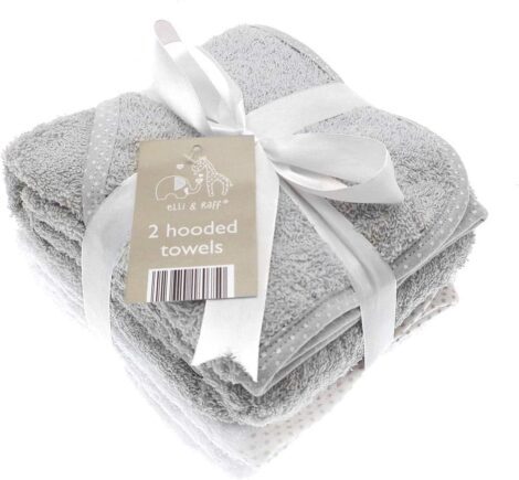 Soft White Elli and Raff Baby Hooded Bath Towel – 100% Cotton (Grey)