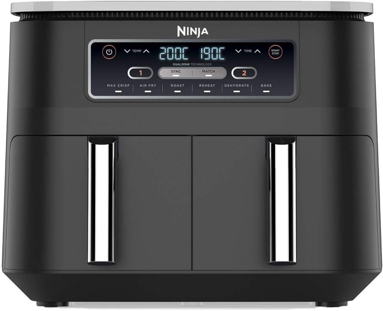 Ninja Foodi Dual Zone Digital Air Fryer, 2 Drawers, 7.6L, 6-in-1, Uses No Oil, Air Fry, Max Crisp, Roast, Bake, Reheat, Dehydrate, Cooks 4-6 Portions, Non-Stick, Dishwasher Safe Baskets, Black AF300UK