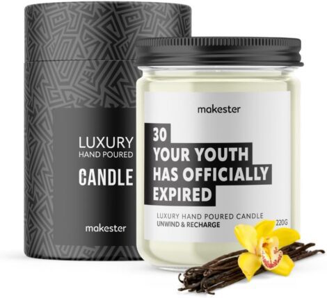 Makester’s Funny 30th Birthday Candle – Vanilla Jasmine & Sugared Almond, 220g Soy Wax.