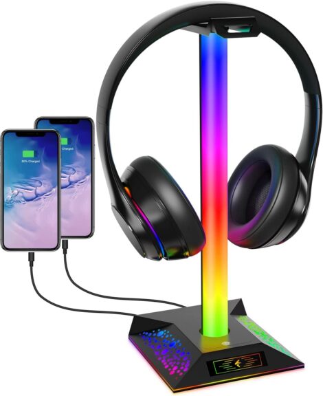 Hcman Headphone Stand: Gaming Headset Holder with RGB, USB Charger for Desk, Black