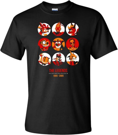 Black T-Shirt featuring gaming legends such as Lara Croft, Crash Bandicoot, and Final Fantasy 7, 1995-2005.