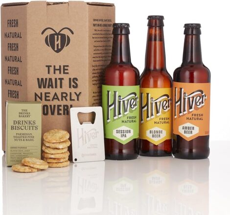 Hiver Craft Beer Gift Set: 3 Bottles – Honey Blonde, Amber & Session IPA with Snack.