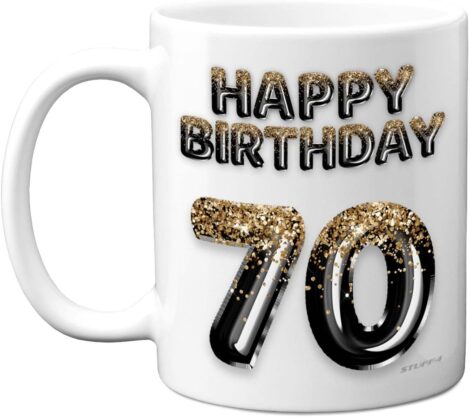 Black and Gold Glitter Balloons Mug – 70th Birthday Gift for Men.