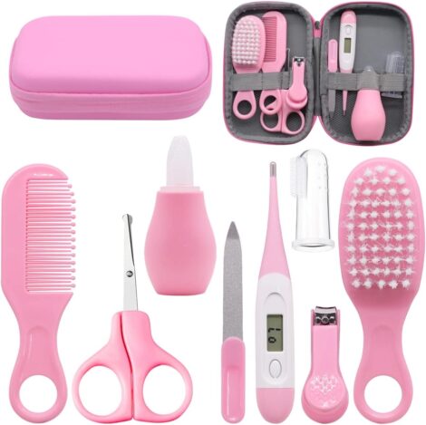 VicBou Baby Grooming Kit: 8pcs with Zipper Box – Pink, for Newborns to Toddlers.