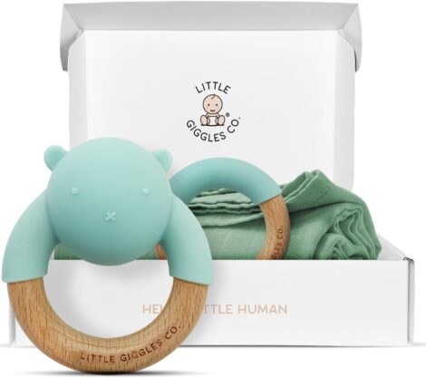 Little Giggles Co. Baby Gift Bundle – Teething Toys, Muslin Blanket, Rattle, Swaddle. Essential Baby Shower Gift Set.