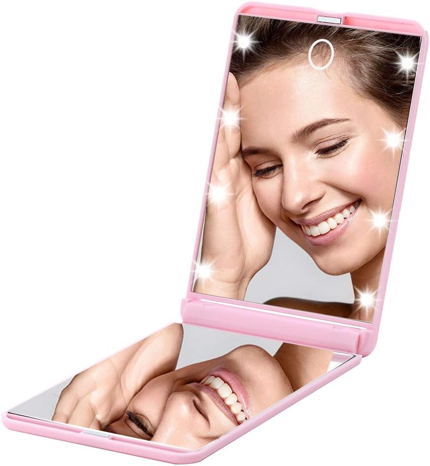 Rantizon Christmas Stocking Fillers Portable Makeup Mirror Dimmable 8 LEDs Lighted Mirror 1X & 2X Magnification Gifts for Women Mirror Compact Gifts for Her for Teenage Girls Pink, one size