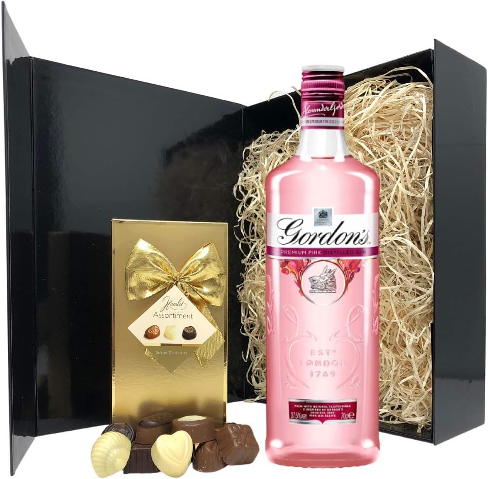 Pink Gin Gift Set - 70cl Gordons Pink Gin Gifts for Gin Lovers - Pink Gin Gift Sets for Women - Pink Gin and Chocolates Hamper for Birthday, Christmas, Valentines Day