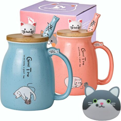 SHENDONG 2-Pack Cat Mugs with Bamboo Lid and Spoon – Novelty Cat Lovers Coffee Cups, Blue and Red.