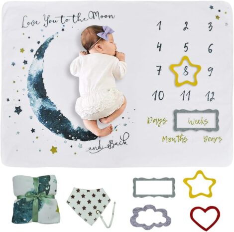 Wocharm Baby Milestone Mat Blanket photo prop with floral numbers – Newborn Gift (Star&Moon) shortened to “Wocharm Baby Milestone Mat – Newborn Gift (Star&Moon)”.