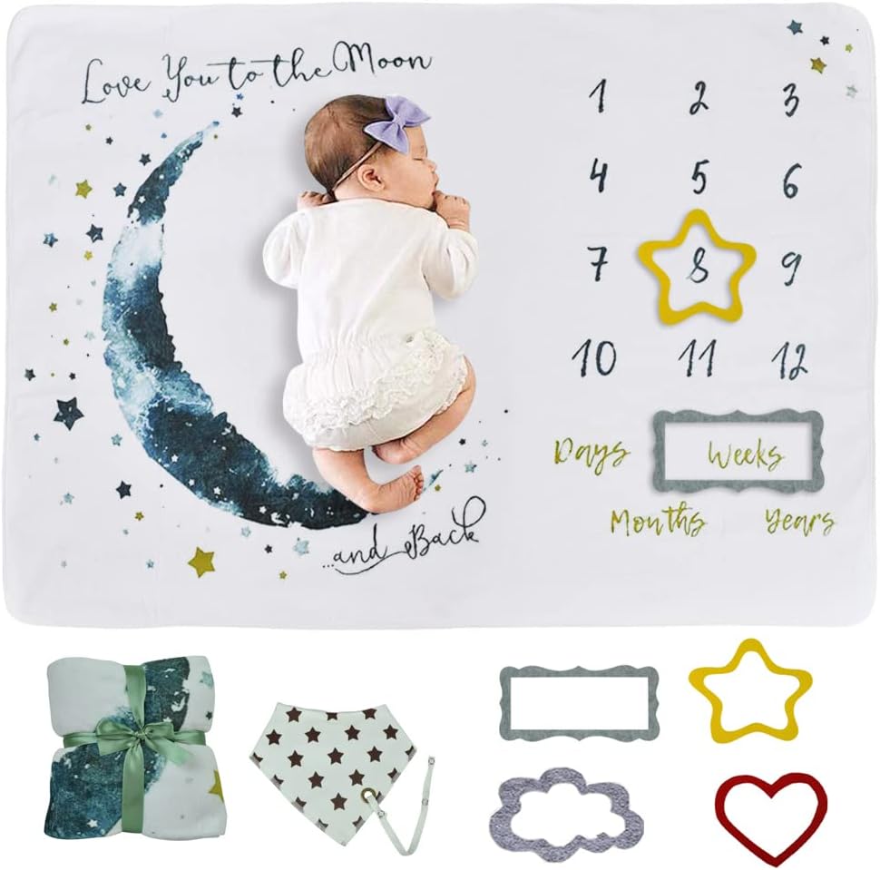 Wocharm Baby Milestone Mat Blanket photo prop with floral numbers Newborn Boy Girl Gift(Star&Moon)