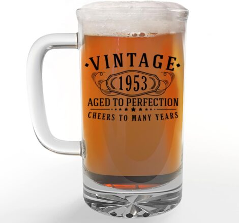 Vintage 1953 Glass Beer Mug Stein – 70th Birthday Gift – Aged to Perfection.