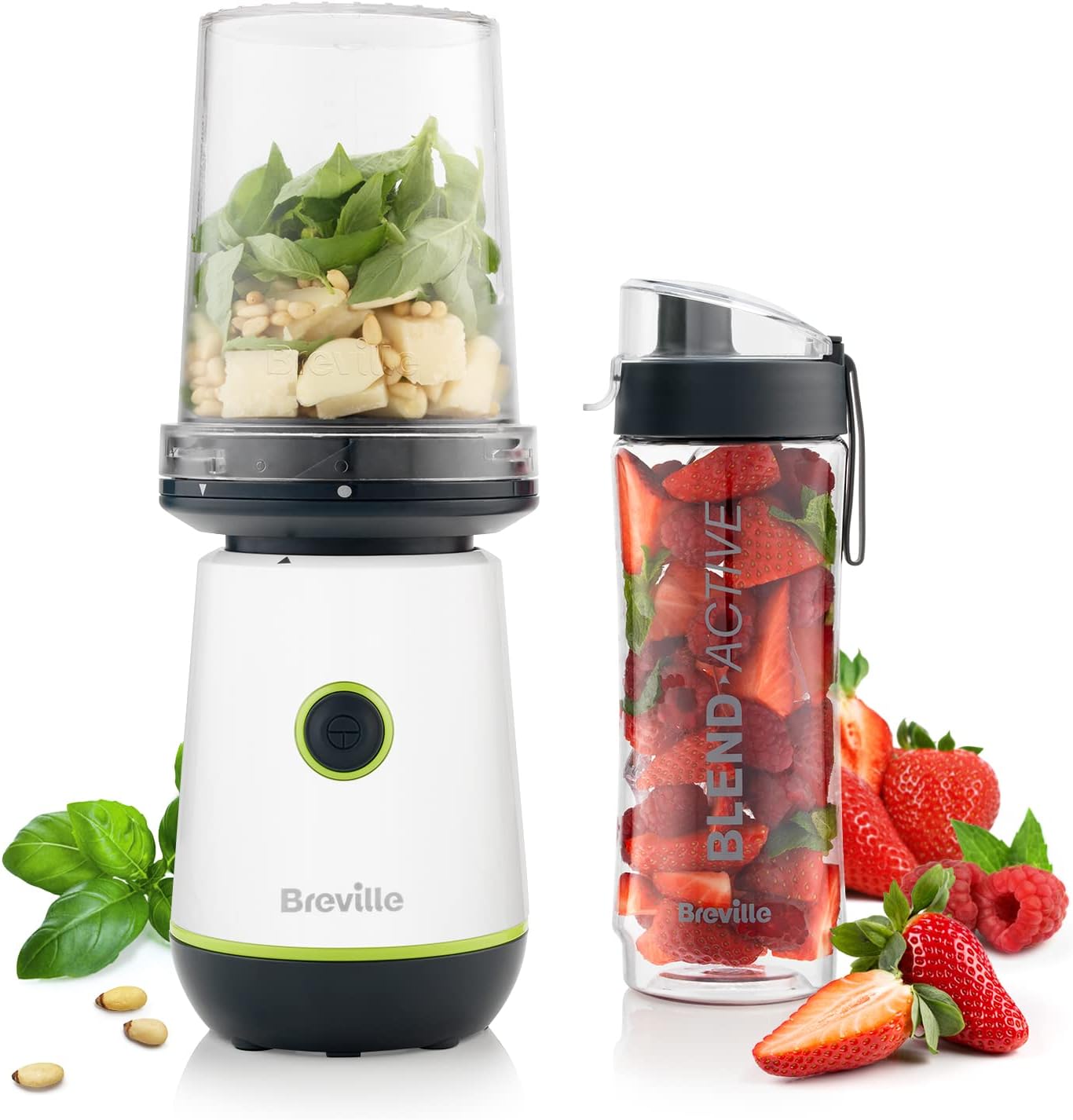 Breville Blend Active Compact Food Processor and Smoothie Maker | 350W | Processor Bowl (450ml) & Portable Blending Bottle (600ml) | Leak Proof Lid | White & Green [VBL253]