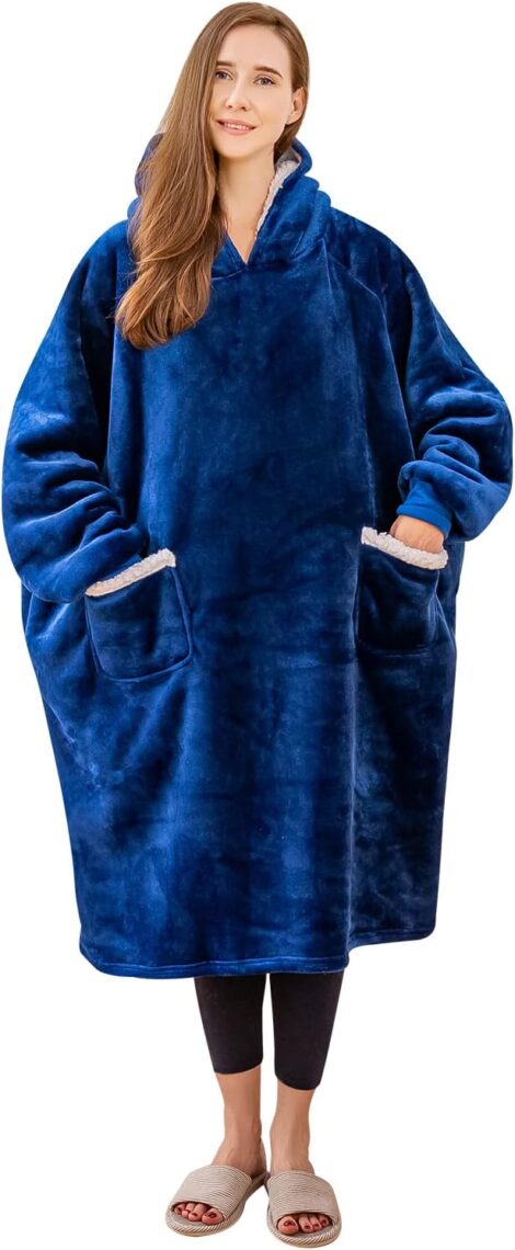 Blue oversized wearable blanket hoodie for adults, with sherpa fleece, extra warmth, and hood; 130x82cm.