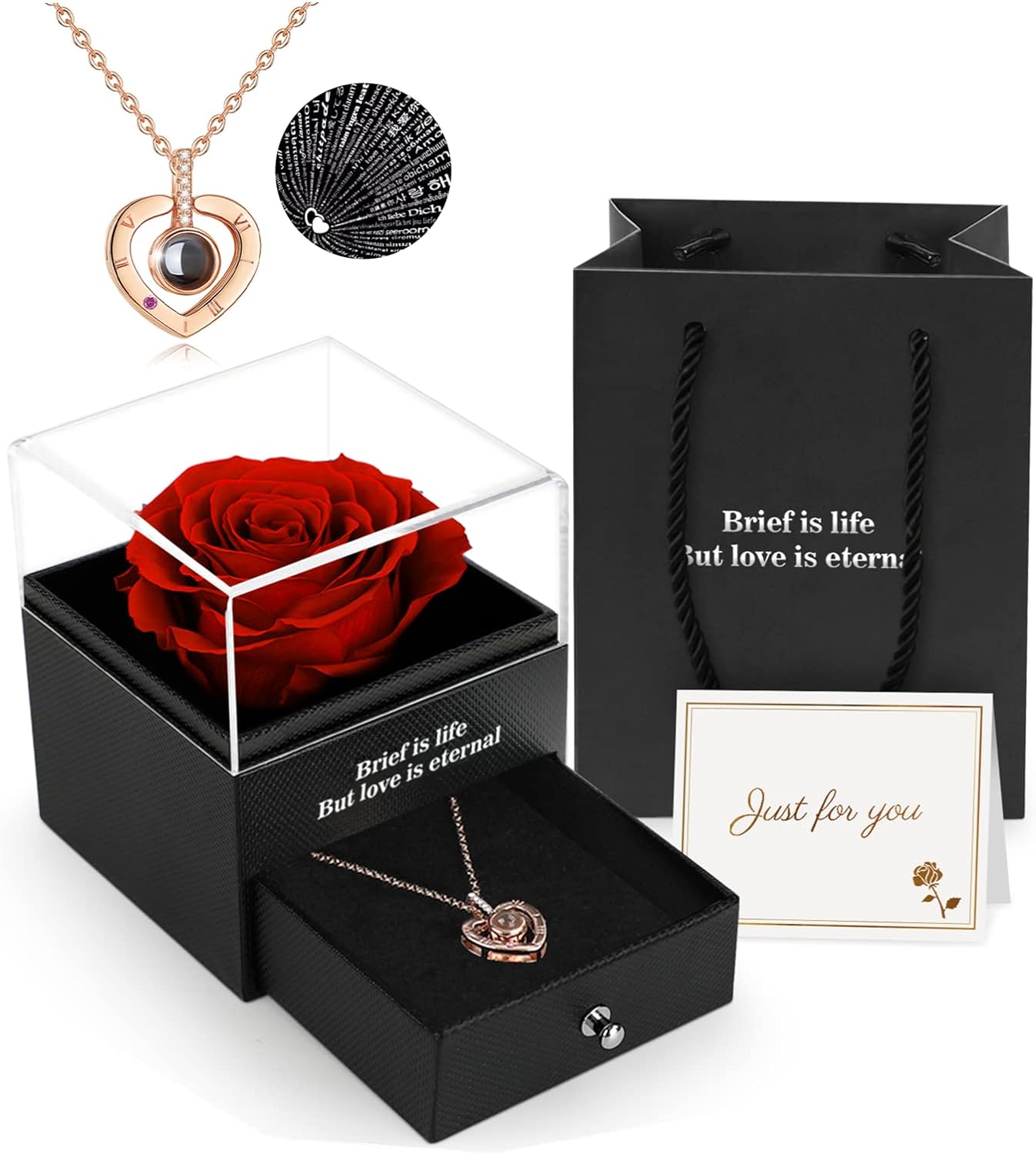 Preserved Real Rose, Gift Box with I Love You Necklace, Handmade Eternal Real Rose Flower Gifts for Her Woman Wife Girlfriend Mother on Birthday, Anniversary, Valentine's Day, Mother's Day, Christmas