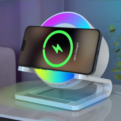 JAHAO Night Lights Bluetooth Speaker: Bedside Lamp with Wireless Charger and Multi-Colored Night Light. Ideal for Teens.