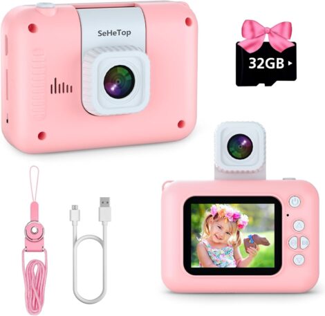 Children’s HD Digital Selfie Camera with 32GB SD Card, 180° Flip Lens – Pink.