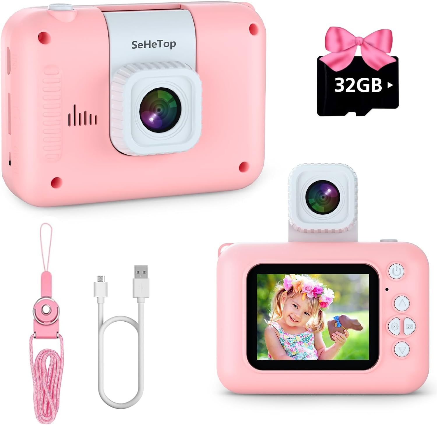 Kids Camera,1080P HD Digital Selfie Camera for Kids with 32GB SD Card &180°Flip Lens, Children Video Camera Toys for Girls, Christmas Birthday Gifts for Age 3 4 5 6 7 8 9 Years Old Girls (Pink)