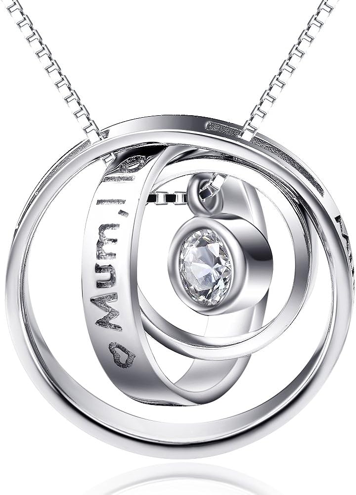 Gifts for Mum Sterling Silver Engraved Three Ring Pendant Necklace Jewellery for Mum