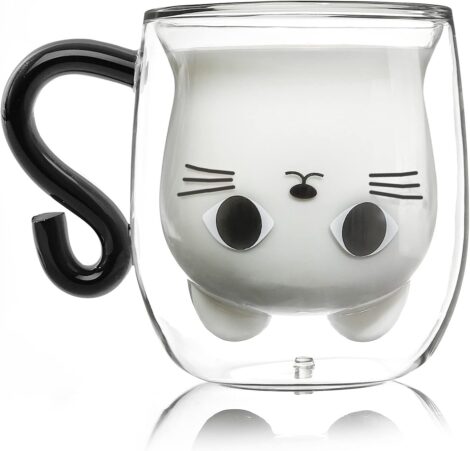 Qinhai Cat Mugs: Cute Double Wall Glass Coffee Tea Cup, Perfect Gifts for Women, A Great Birthday Idea.