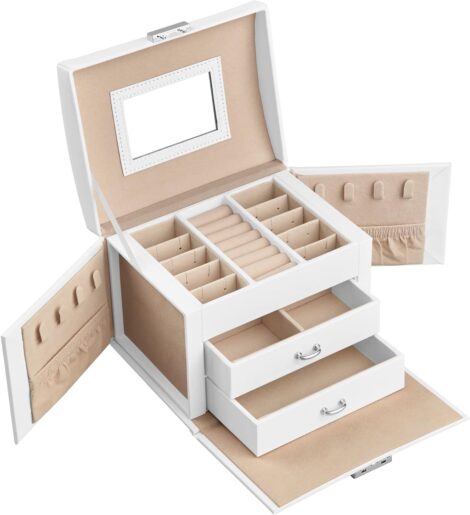 Lockable jewellery organiser with handle, 3-tier box, 2 drawers; modern, white, travel-friendly with mirror (JBC154W01).